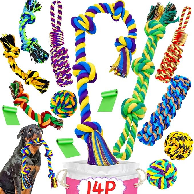 SHARLOVY XL Dog Chew Toys for Aggressive Chewers Large Breed, 14 Pack Tough Indestructible Dog Toys for Aggressive Chewers, Durable Puppy Chew Toys for Teething, Heavy Duty Cotton Rope Toys-Mewly Pet