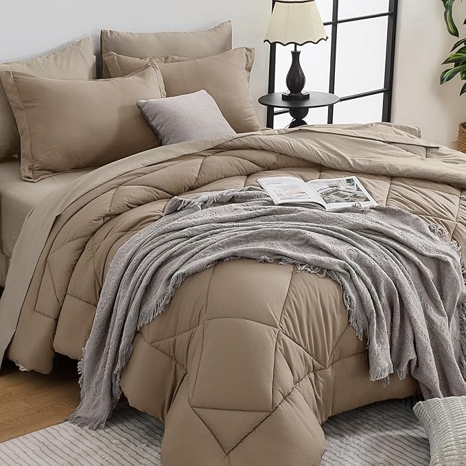 HEVUMYI Khaki & Linen Twin Comforter Set - 5-Piece All Season Bed in a Bag Twin, Ultra Soft Bedding Set with Comforter, Flat Sheet, Fitted Sheet, Pillowcases, Pillow Shams