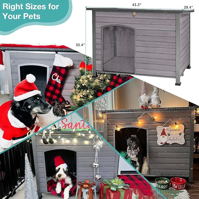 Indoor Outdoor Dog House,Anti-Chewing Iron Frame Dog Kennel,Wood Warm Pets Home,Weatherproof Outside Shelter-Mewly Pet