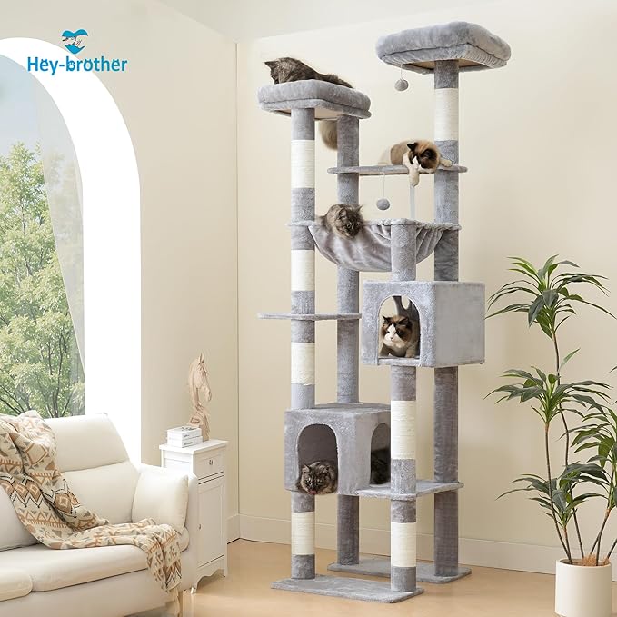 Hey-brother Tall Cat Tree Tower, Heavy Duty Scratching Posts with Large Platforms, Cozy Condos, Big Hammock, Toy Balls, Multi-Level Furniture for Indoor Adult Cats, 80.7 Inches, Light Gray MPJ039W-Mewly Pet