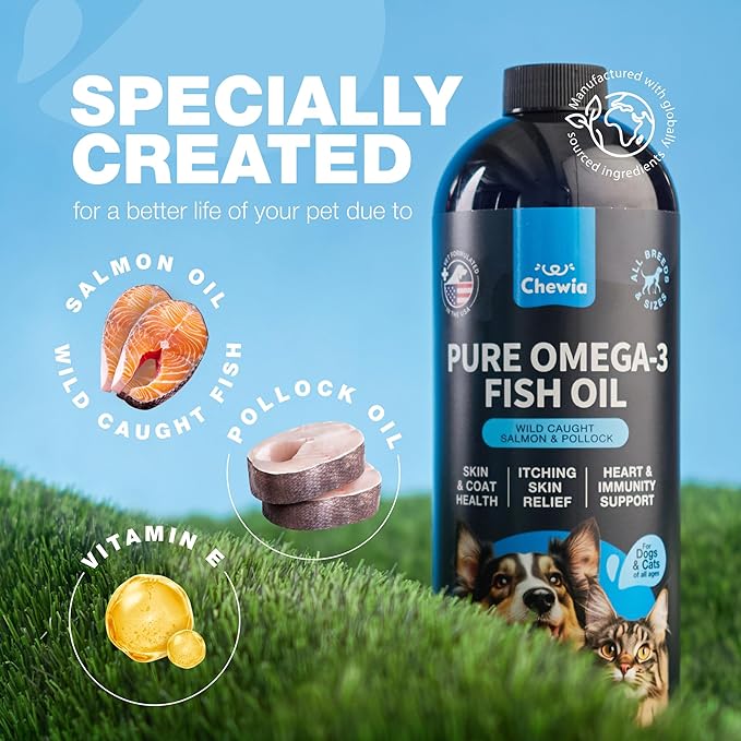 Fish Oil for Dogs and Cats - Skin and Coat Support Supplement for Pets - Omega 3 6 9 Fatty Acids - Itchy Skin, Shedding, Immunity, Joint - EPA DHA - Wild Caught Salmon and Pollock Food Topper-Mewly Pet