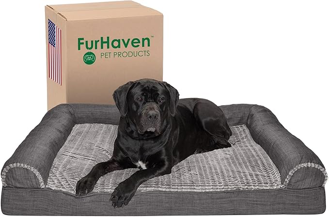 Furhaven Cooling Gel Dog Bed for Large Dogs w/ Removable Bolsters & Washable Cover, For Dogs Up to 125 lbs - Luxe Faux Fur & Performance Linen Sofa - Charcoal, Jumbo Plus/XXL-Mewly Pet
