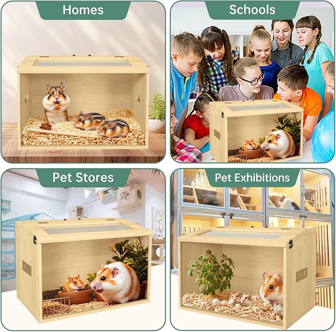 24" Hamster Cage, Top Opening Lockable Roof Door Gerbil Cage, Dwarf Hamster Cage with Hygrometer, Mice and Small Animal Habitat, Chewproof Syrian Hamster Enclosure, (Wooden, 24" L x 16" W x 16" H)-Mewly Pet