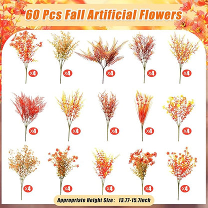 Mimorou 60 Bundle Fall Artificial Flowers Outdoor UV Resistant Autumn Orange Fake Plants Flowers Faux Plastic Greenery Decoration Shrub for Wedding Window Box Home Porch Fireplace Thanksgiving