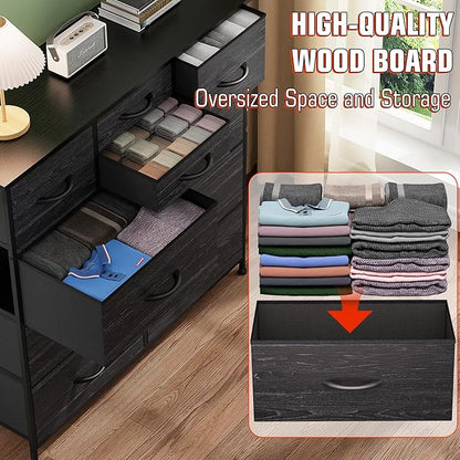 Dresser for Bedroom with 10 Drawers, Chest of Drawers with Side Pockets, Hooks, Wooden Top and Sturdy Metal Frame, Fabric Dresser Drawers for Living Room, Hallway (Black Wood Veins)