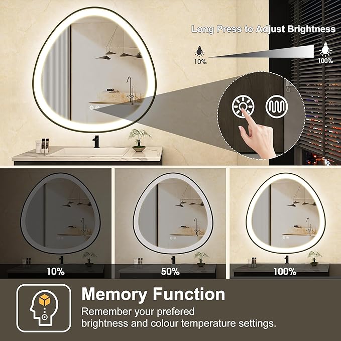 S'bagno 24 Inch LED-Bathroom-Mirror-with-Black-Frame, Lighted-Bathroom-Mirror-Brightness-Dimmable, Anti-Fog, 3 Lights Colors, Wall-Mounted-LED-Mirror-for-Bathroom with Smart Touch Button
