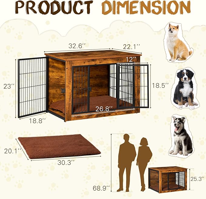 Bigrab Dog Crate Furniture with Thick Cushion, Side End Table Wooden Dog Cage with Double Doors, Chew-Resistant Dog Kennel Dog House Indoor for Small to Large Dog, M-Mewly Pet