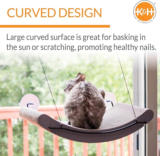 K&H Pet Products EZ Mount Cat Window Perch Kitty Sill Scratcher Cradle, Sturdy Window Perch for Large Cats, Steel Frame Scratcher Hammock with Strong Suction Cups for Glass - 20 X 11in Cardboard-Mewly Pet