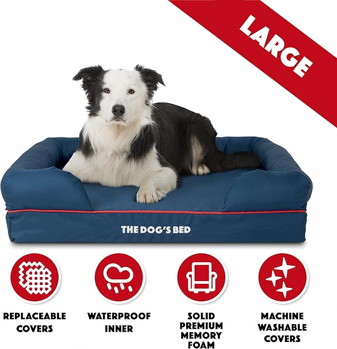 The Dog’s Bed, Large Oxford Blue/Red 36x27 Memory Foam, Pain Relief: Arthritis, Hip & Elbow Dysplasia, Post Surgery, Lameness, Supportive, Calming, Waterproof Washable Cover, Veterinary Approved-Mewly Pet