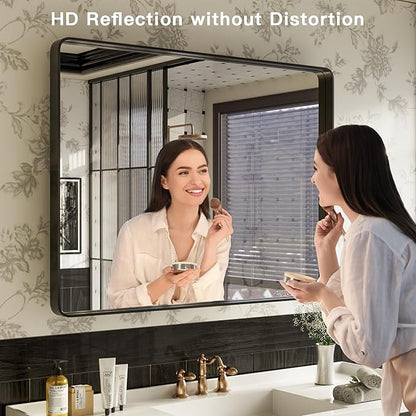ISKM Black Metal Framed Bathroom Mirror for Wall 40" x 32" Black Bathroom Vanity Mirror, Rounded Rectangle Mirror, Anti-Rust (Horizontal/Vertical)