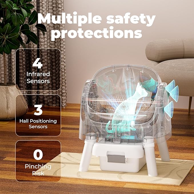 Automatic Litter Box, Open-Top Self Cleaing Litter Box with Safety Sensors and 10 L Waste Container, Suitable for Multiple Cats, White-Mewly Pet