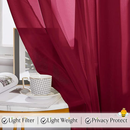 RYB HOME Sheer Valance for Window - Breezy Backdrop Curtains for Canopy Bed Stage Events Girls Bedroom Wedding Ceremoney Table Runner Outdoor Indoor Decor, 60 x 216 in per Panel, Burgundy