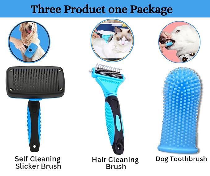 3-in 1 Dog & Cat Grooming Supplies- Self-cleaning Slicker Brush, Deshedding Rake Comb, And Finger Toothbrush For Dogs & Cats | Perfect For Pet Grooming Kit, Dematting And Dental Tool (blue)-Mewly Pet