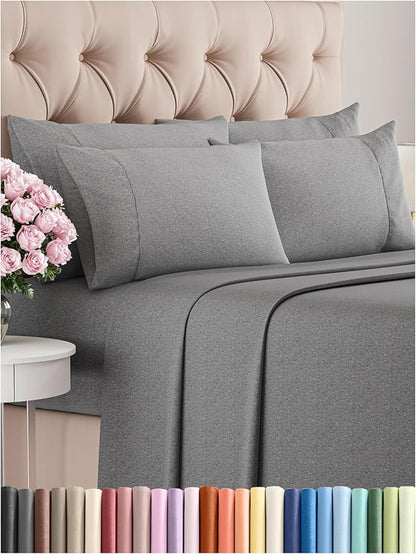 Full 6 Piece Sheet Set - Comfy Breathable & Cooling - Soft Hotel Luxury Bedding Set with 8-16 Inch Deep Pockets - 1 Flat & 1 Fitted Sheet & 4 Pillowcases - Wrinkle Free & Easy Care - Heathered Grey