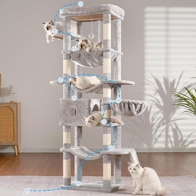 Hey-brother Cat Tree, 69.3-Inches Multi-Level Plush Cat Tower for Indoor Cats with Large Top Perch, Extra Spacious Hammock, 2 Hammocks Ramp, Hanging Ball, Light Gray MPJ037W-Mewly Pet