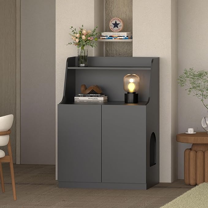 Large/Tall Litter Box Enclosure, Modern Wooden Litter Box Furniture for XL Litterbox with Open Shelf as Sideboard Cabinet (Black)-Mewly Pet