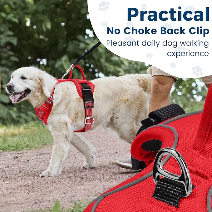 Funfox Dog Harness No Pull, Adjustable Pet Vest Harness, Super Soft Material with Vertical Handle Easy Control, Reflective Night Walking, 2 Leash Clips for Large Dogs, Red, L-Mewly Pet