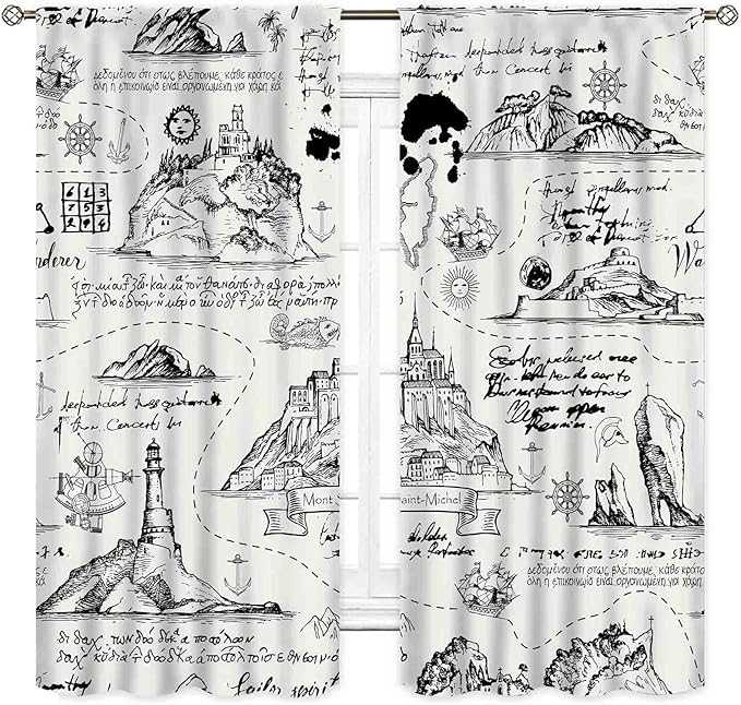 Vintage Nautical Curtains, Marine Coastal Sailboat Compass Anchor Ocean Beach Old Pirate Map Retro Window Drapery Treatments for Bedroom Living Room Kitchen Bathroom 2 Panels, 63"x72" Inch