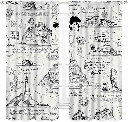 Vintage Nautical Curtains, Marine Coastal Sailboat Compass Anchor Ocean Beach Old Pirate Map Retro Window Drapery Treatments for Bedroom Living Room Kitchen Bathroom 2 Panels, 42"x63" Inch
