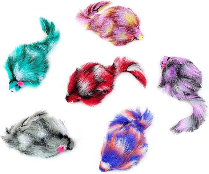 CHIWAVA 6PCS 3.1" Long Haired Furry Mice with Rattle Gradient Color Small Cat Toy Mouse Kitten Interactive Toy-Mewly Pet