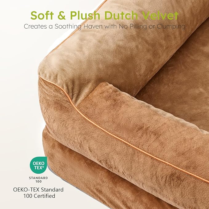 Extra Large Dog Bed, Orthopedic Dog Beds with Cooling Gel Memory Foam, Waterproof XL Pet Bed with Removable Washable Cover, 42" Pet Sofa Couch Dutch Velvet with Bone Toy, Brown-Mewly Pet