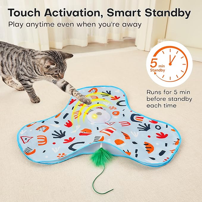 Potaroma Hide and Seek Interactive Cat Toys, Moving Concealed Wand Feather, Automatic Chargeable Indoor Kitten Exercise Kicker, Mouse Squeaky, Floral Cover-Mewly Pet