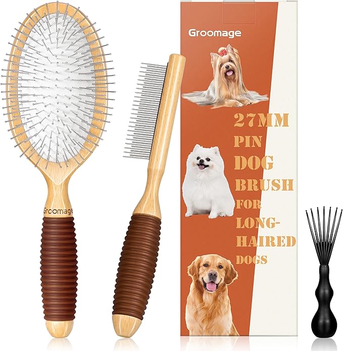 Dog Brush for Long Haired Dogs, 27mm Extra Long Metal Pin Dog Deshedding Brush and Comb Set, Short Haired Shedding Grooming Detail Pets Brush Set with Rubber Handle-Mewly Pet