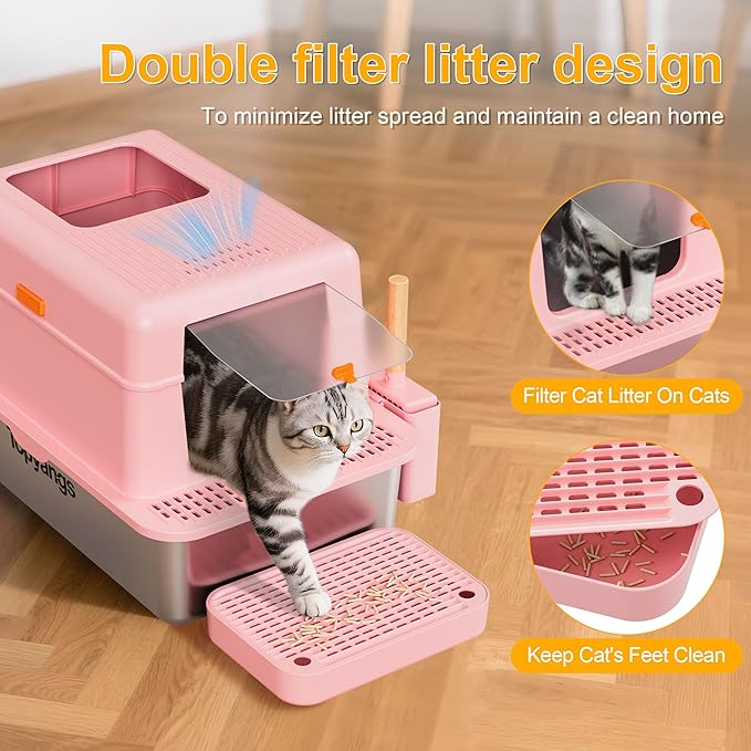 Stainless Steel Litter Box with Lid, 20L Metal Enclosed Litter Box for Big Cat, Flip-Top Design with Anti-Leakage High Sides, Large Cat Lovers Gifts (#2 Pink)-Mewly Pet