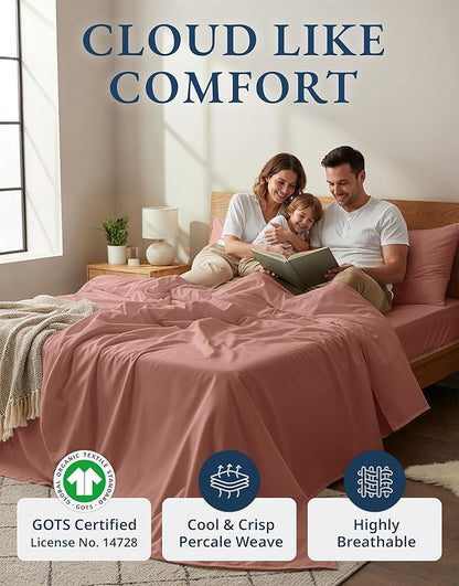 LANE LINEN 100% Organic Cotton Twin XL Sheets Set, 3-Piece Pure Organic Cotton Percale Sheets, Cotton Bedsheets, Ultra Soft Bedding Sheets, Breathable, Fits Mattress Upto 15" Deep - Rose Dawn