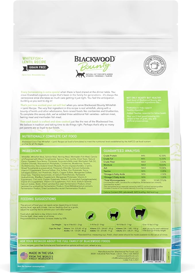 Blackwood Bounty Dry Cat Food, Whitefish & Lentil Recipe for All Life Stages, 10 Pound Bag, High Protein, Grain Free-Mewly Pet