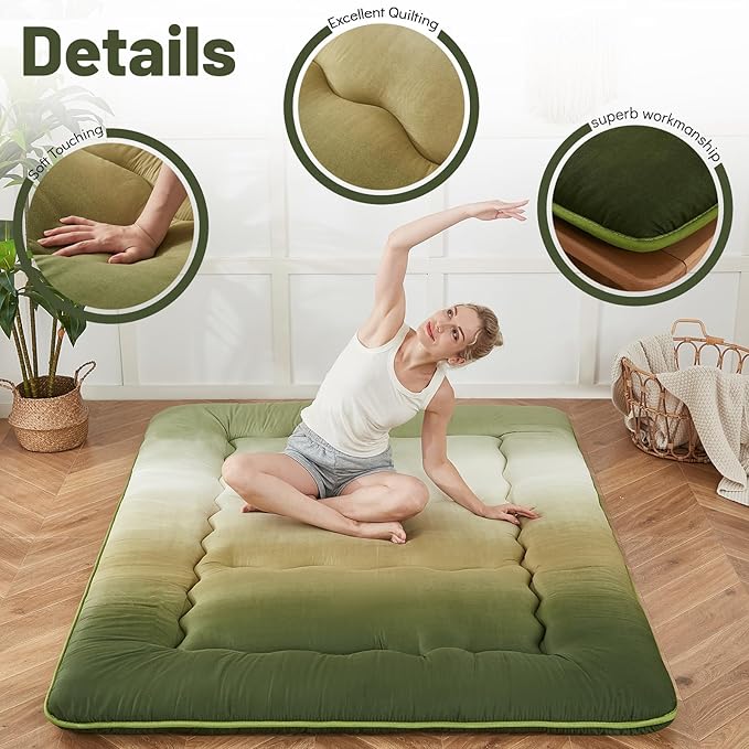 Japanese Floor Mattress, Futon Mattress with Portable Storage Bag and Washable Cover, Roll Up Thick Tatami Mat Suitable for Camping, Guest Room (Forest Gradient, Queen)