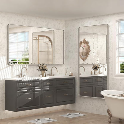 60x28 Matte Bathroom Mirror for Wall, Silver Brushed Framed Bathroom Vanity Mirror, Rectangle Bathroom Nickel Mirror, Rounded Corners, Tempered Glass(Horizontal/Vertical)