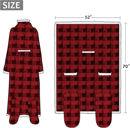Catalonia Sherpa Wearable Blanket with Sleeves & Foot Pockets for Adult Women Men, Comfy Snuggly Wrap Sleeved Throw Blanket Robe, Gift Idea, Red Checker Plaid