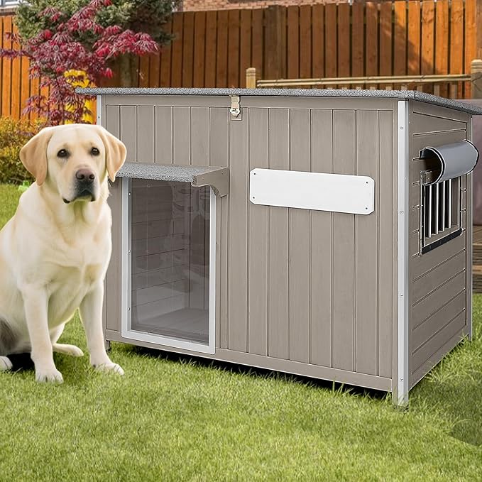 Large Dog House Outdoor XL Wooden Dog House with Weatherproof Asphalt Roof, Chew-Resistant Frame, Removable Floor, for Medium to Large Dogs Indoor Outdoor Use (Grey, 43.3"L x 29.5"W x 33.5"H)-Mewly Pet
