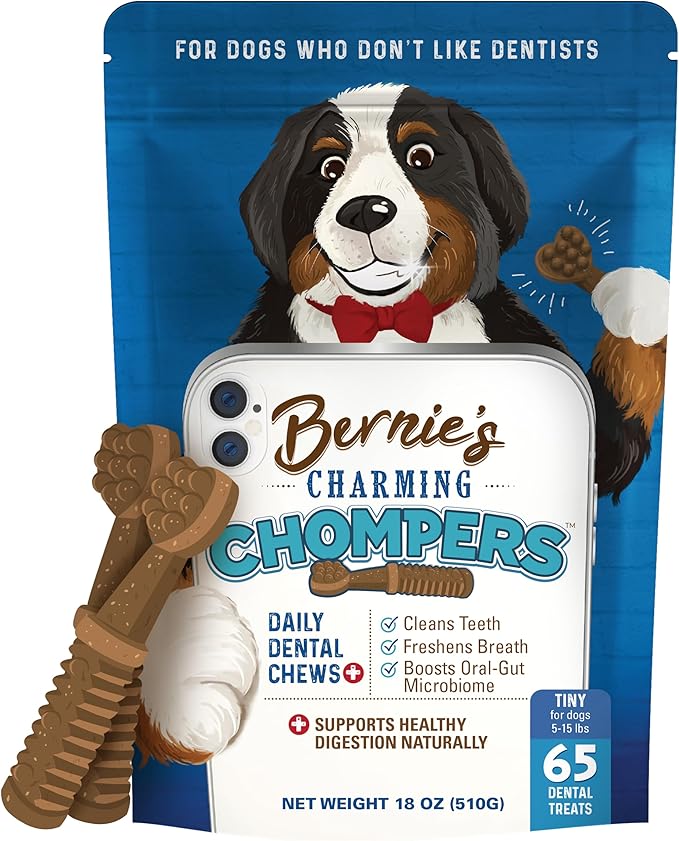 Bernie's Charming Chompers - Daily Dental Chews for Dogs 5-15 Lbs. - 65 Count - Cleans Teeth, Freshens Breath, + Boosts Oral-Gut Microbiome. Easy to Digest, Supports Healthy Digestion Naturally-Mewly Pet