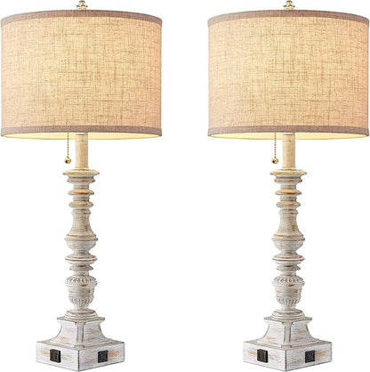 Set of 2 Farmhouse Table Lamps for Living Room, 29.5" Inch Tall Rustic Bedrooms Nightstand Table Lamp with USB-C & USB-A Charging + AC Outlet, Pull Chain Bedside Lamp for End Table, Antique White