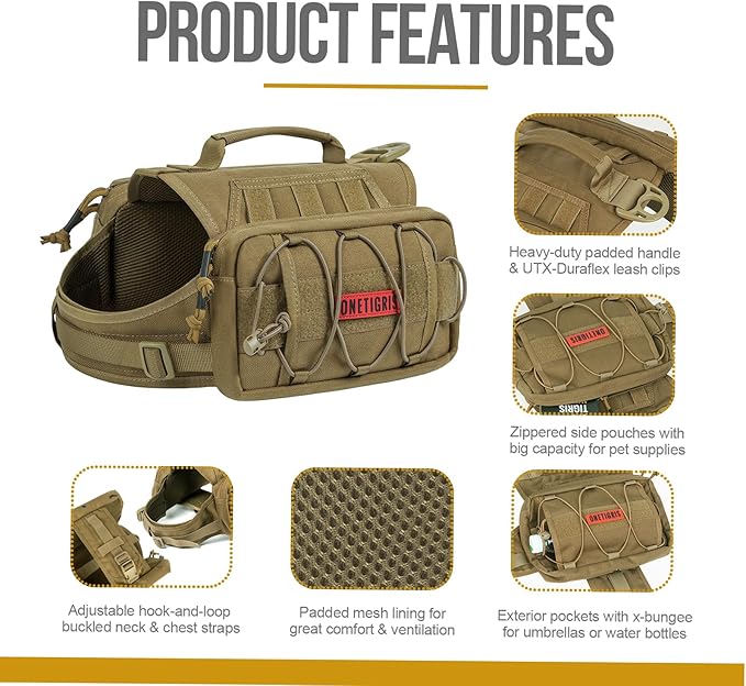 OneTigris Dog Backpack for Medium & Large Dogs, Nylon Backpack for Dogs Tactical Pet Backpack with Side Pockets for Hiking Walking Training Running (Brown, Large)-Mewly Pet