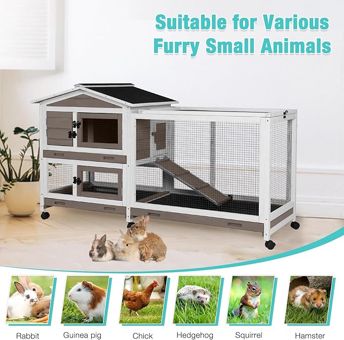 62" Rabbit Hutch with Chew-Proof Ramp & Waterproof Roof - Indoor/Outdoor Bunny Cage, 2-Story Design, 6 Lockable Caster Wheels & Dual Pull-Out Trays (Brown)-Mewly Pet