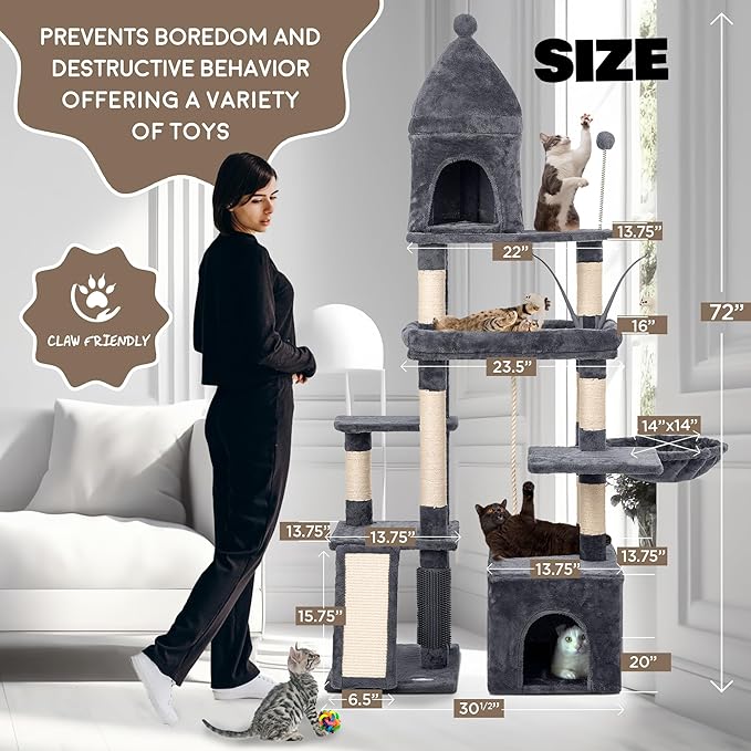 Large Cat Tree Tower for Large Cats, Cat Scratching Post, Self Grooming Post, Interactive Cat Toys, Oversized Perch and Basket, Heavy Duty 72", Dark Grey-Mewly Pet