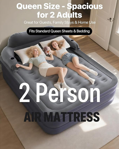 A-ER-FA Queen Air Mattress with Detachable Headboard and Cup Holder - 20 Height 700lbs Capacity Comfort Inflatable Bed for Guests Home Camping and Travel Durable Construction,Colchón Inflable,Air Bed