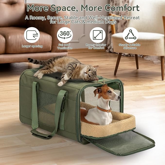 Petsfit 19x12x12 Pet Carrier for Large Cats (up to 20 lbs), Soft-Sided Small Dog Travel Carrier, Upgraded with Patented Buckle and Soft Padding, Ideal for Car Road Trips Green-Mewly Pet