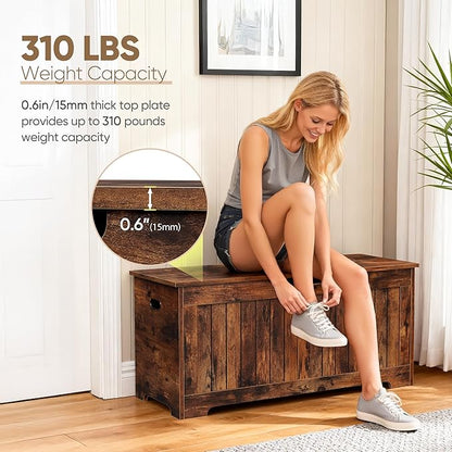 Wooden Storage Chest Box with Flip-top Lid & Safety Hinge, 39.4 Inch Living Room Organizer, Bedroom Bench, Rustic Brown
