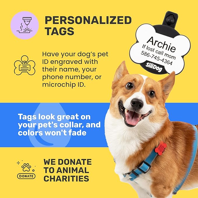 SiliDog AirTag Holder Silent Dog ID Tag – Personalized Engraved Silicone Pet Tag – Durable, Glow-in-The-Dark – Blue Bone-Mewly Pet