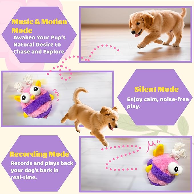 Moving Dog Toys – Rechargeable Interactive Dog Squeaky Toy with Motion-Activated Ball, Music, Recording & Silent Modes – Self-Play Toy for Small, Medium & Large Breeds (Bee)-Mewly Pet