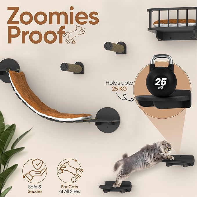 FURRY VIBES Cat Wall Shelves & Perches – 7-in-1 Cat Wall Furniture Set with Bed, Climbing Steps, Scratcher & Bridge Ladder – Black Bamboo Wall Cat Shelf for Indoor Cats-Mewly Pet