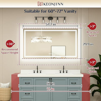 Keonjinn LED Bathroom Mirror with lights, 55" x 30" with Frontlit and Backlit, Stepless 3 Colors Temperature & Dimmable Large Tempered Glass Mirror, UL Listed LED Driver Double LED Strip Vanity Mirror
