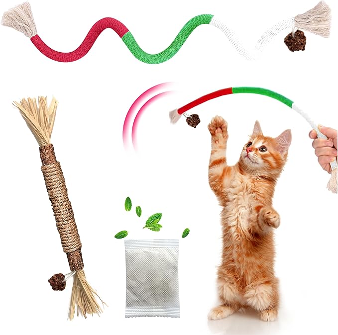 Cat Toys Chew Rope & Silvervine Sticks for Bored Indoor Adult Cats, 2Pcs Interactive Catnip Toys for Cats with Refillable Natural Catnip Bag for Teeth Cleaning-Mewly Pet