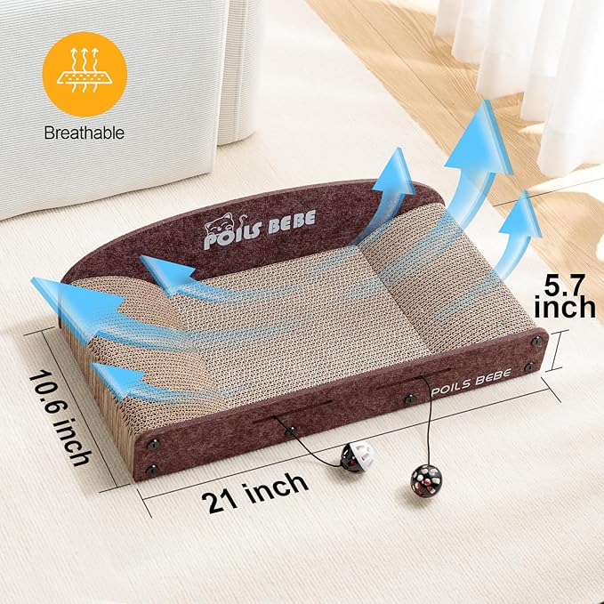 Poils Bebe 21 Inch Sofa Cat Scratcher, Small Cat Scratcher Cardboard with Bell Balls, Durable Couch Lounger for Indoor Cats, Cat Scratch Furniture Protector with Catnip, Cat Toys-Mewly Pet