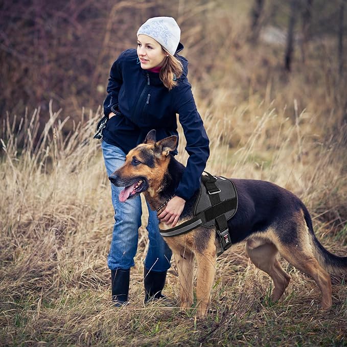 Dogline Dog Harness, Reflective No-Pull Adjustable Vest with Handle for Walking, Training, Breathable, No - Choke Harness for Small, Medium or Large Dogs Room for Patches Girth 22"-28" in Black-Mewly Pet