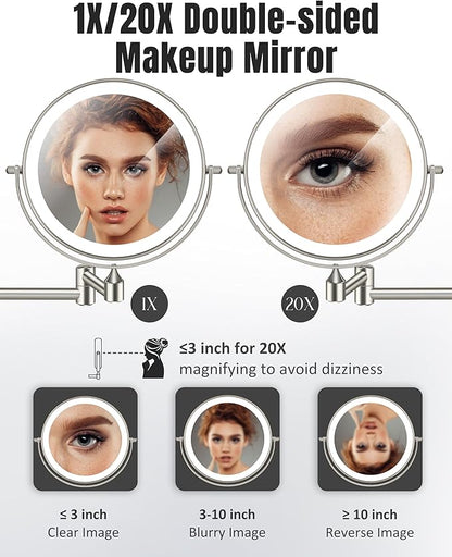 Wall Mounted Makeup Mirror with Light, 20X/1X 8'' Double Sided LED Magnifying Bathroom Lighted Vanity Mirror with Magnification, 3 Color Light up Touch Dimmable Extended Arm 360 Rotation